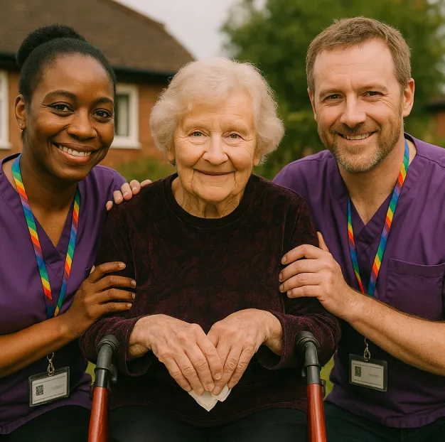 Astar Homecare respite care: two nurses assisting an elderly woman in a wheelchair in a home setting