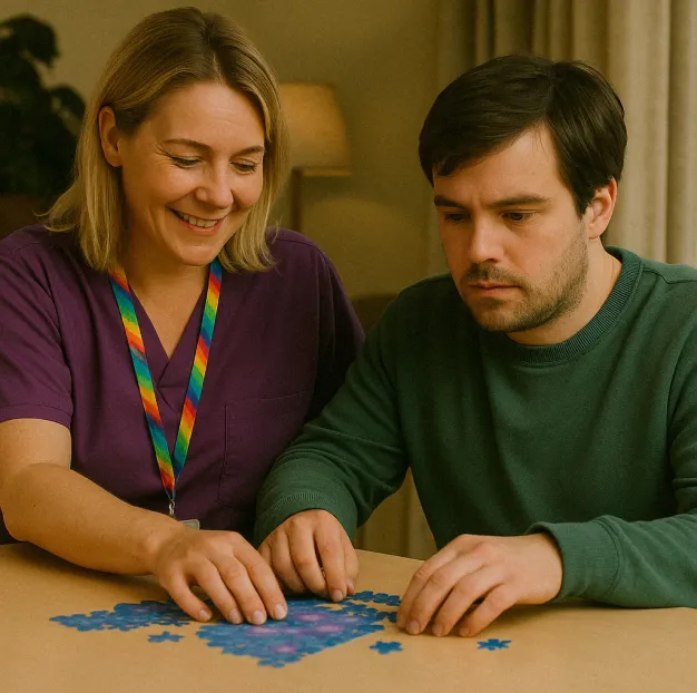 Astar Homecare carer engaging in a calming activity with a young man, offering autism support in a structured environment.