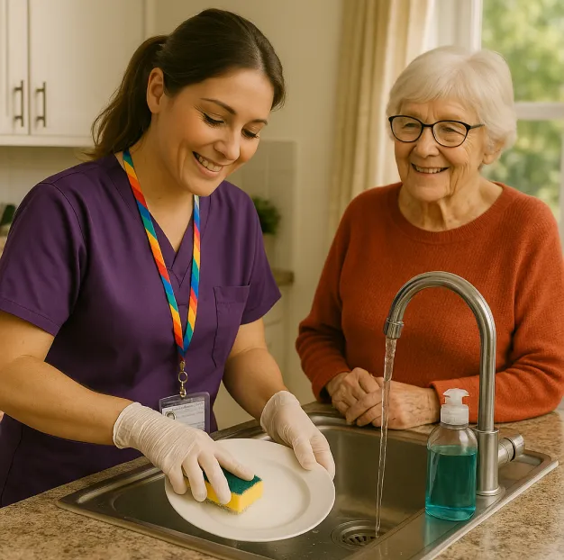 Astar Homecare carer assisting an elderly woman with washing up at home, ensuring domestic help and independent living.