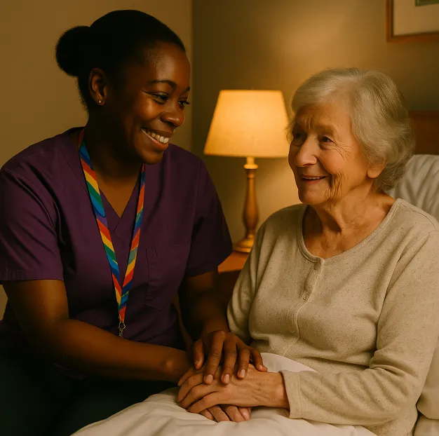 Astar Homecare live-in carer offering overnight support and reassurance to an elderly woman during evening care.