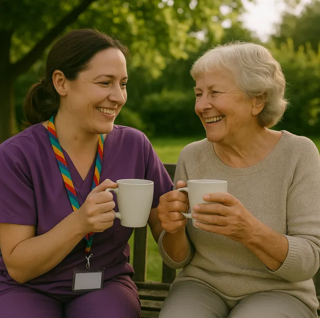 Astar Homecare carer sharing a friendly conversation with an elderly woman outdoors, delivering mental health care at home.