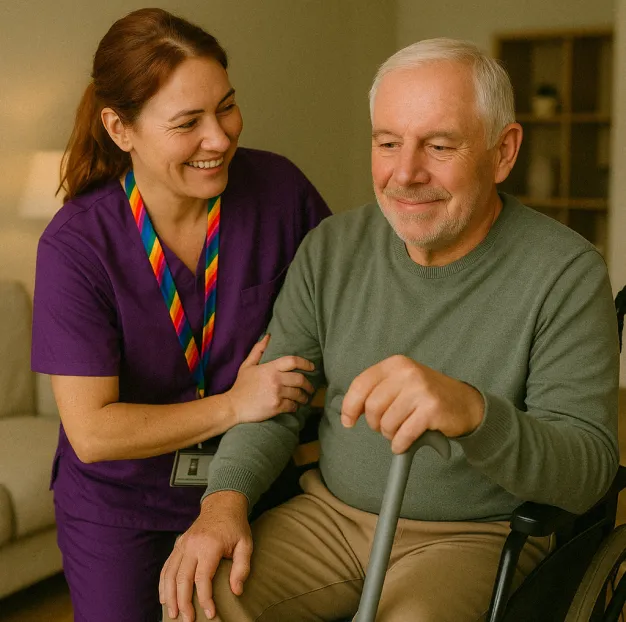 Astar Homecare carer assisting an elderly man with mobility support, providing respectful physical disability care at home.